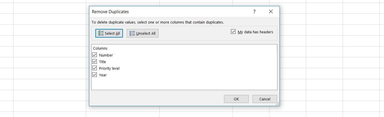 Excel: “Remove Duplicates” dialog