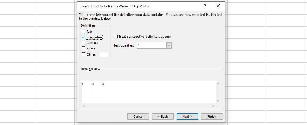 Excel 2016: Text conversion assistant “step 2 of 3”