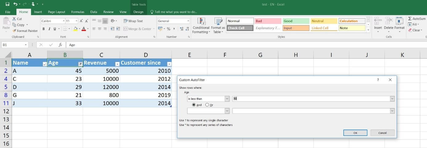 Excel table with custom filtering