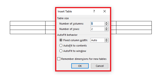 Feature for creating Word tables