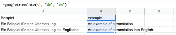 Figure showing how the Google Translate formula is expanded to multiple cells