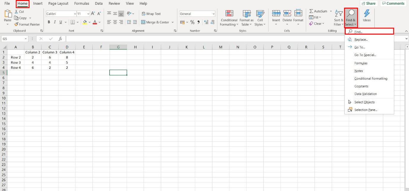 Find and Replace in Excel, access to the menu