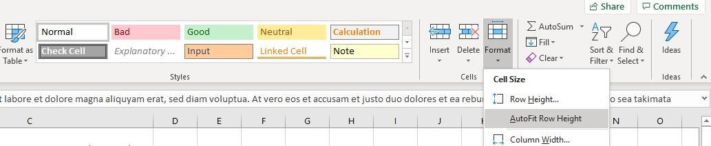 “Format” menu option on the “Home” tab in Excel
