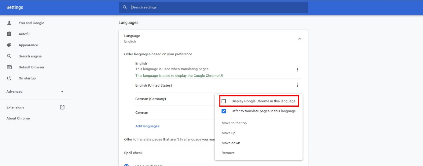 Google Chrome: language settings for the display settings
