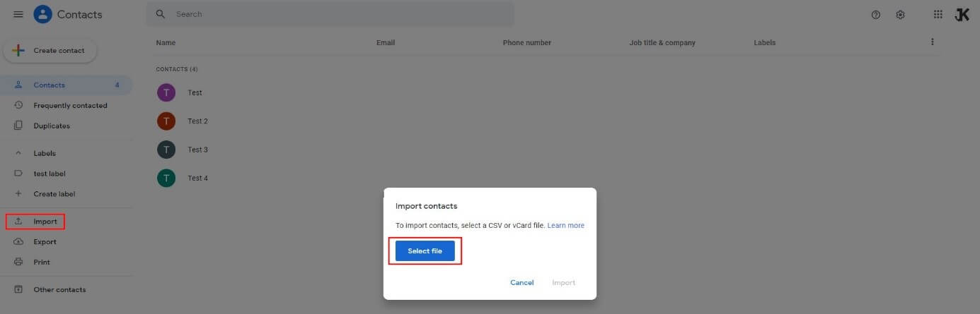 Google Contacts: “Import” dialog