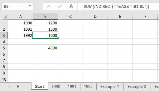 Screenshot of how the SUM and INDIRECT function can be combined in an Excel table