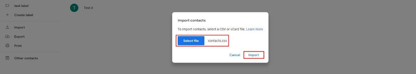 “Import contacts” dialog in Google “Contacts”
