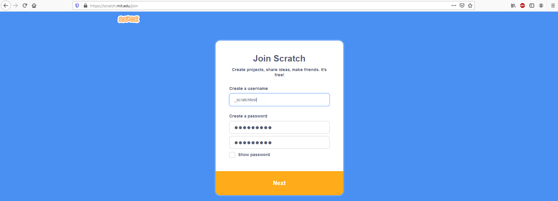 “Join Scratch”: window for creating a Scratch user account