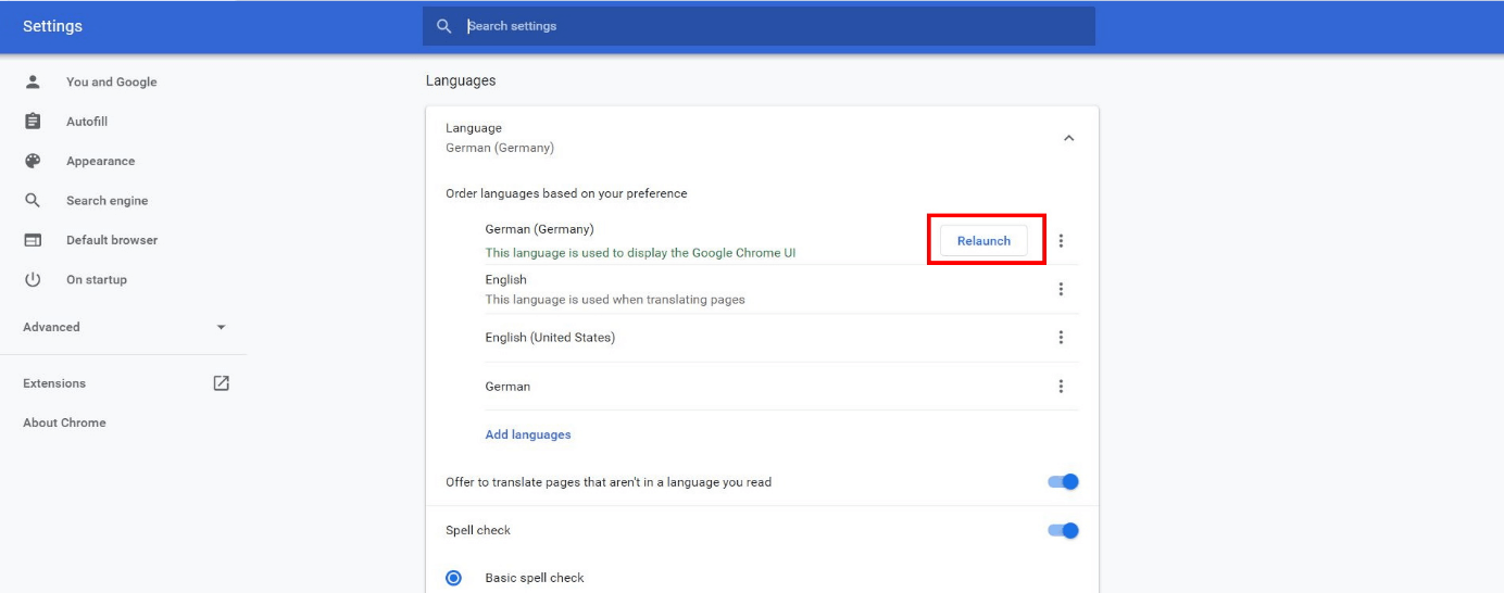 Language settings in the Google Chrome browser