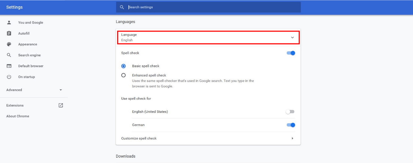 “Languages” menu in the Chrome browser settings