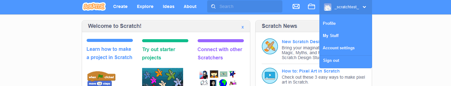 Learn Scratch: Quick menu for your profile, account, and projects