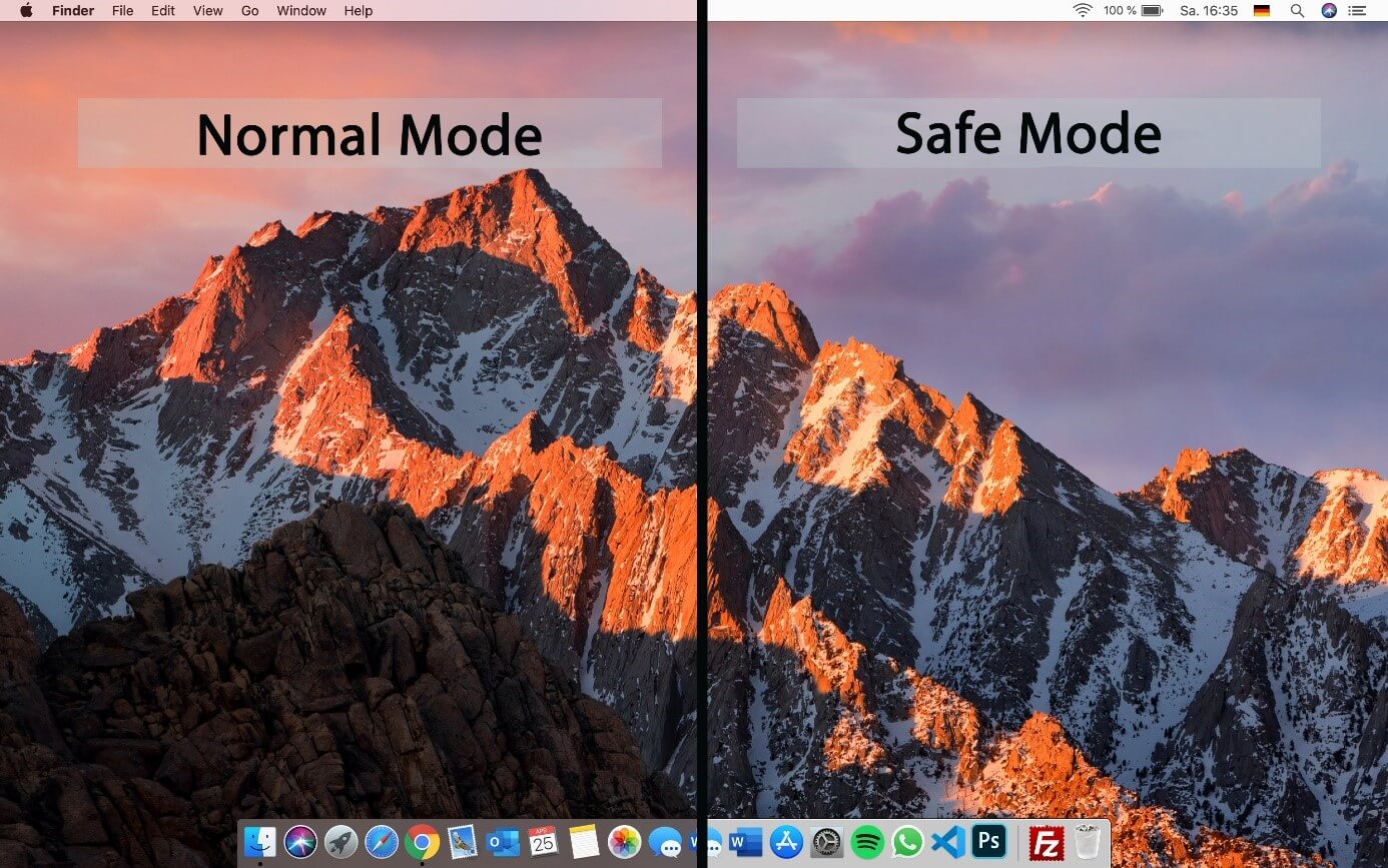 macOS: Desktop comparison between “normal mode” and “safe mode”