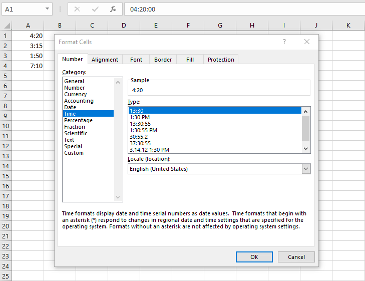 Menu for formatting cells in Excel