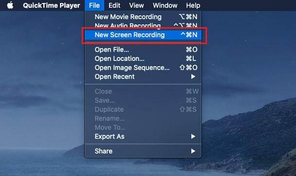 “New Screen Recording” in the menu bar of QuickTime Player