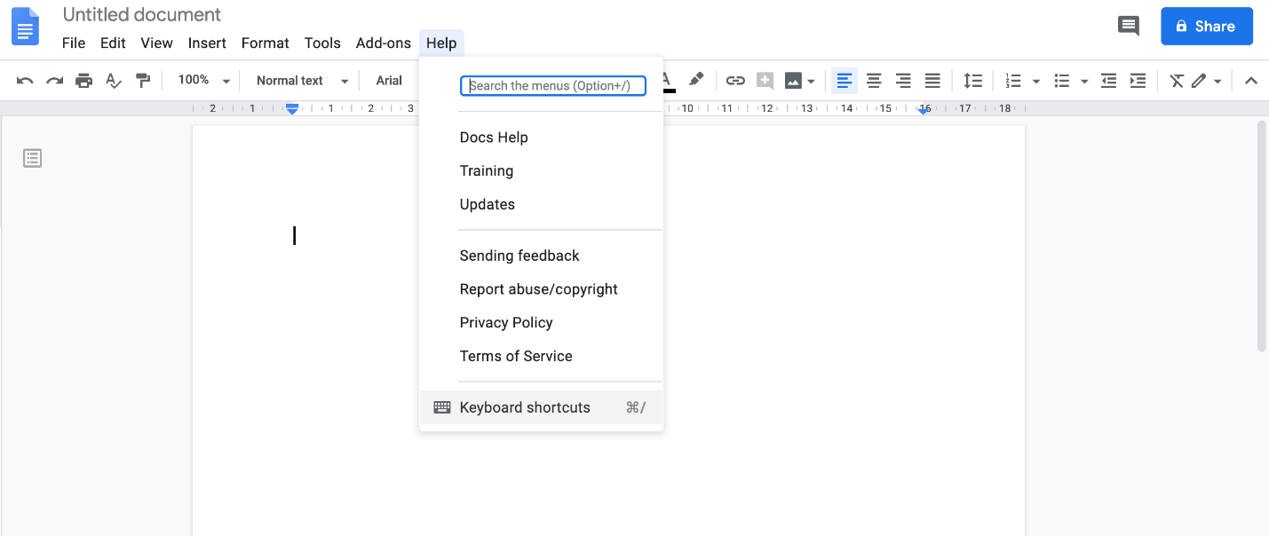 Google Docs shortcuts via the “Help” menu