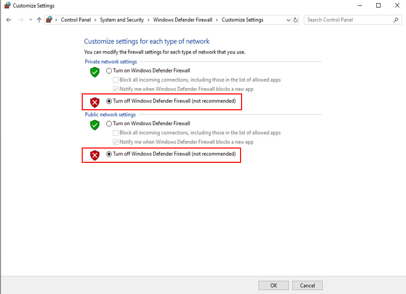 Options for disabling the firewall in Windows 10