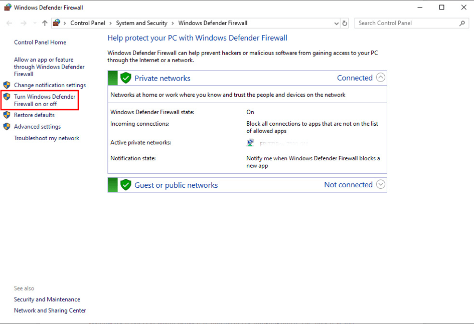 Option for disabling the firewall in Windows 10