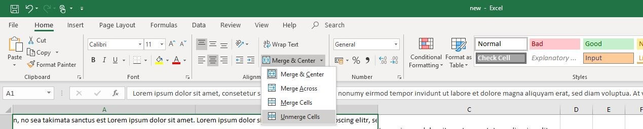 Options in the “Merge & Center” menu in Excel