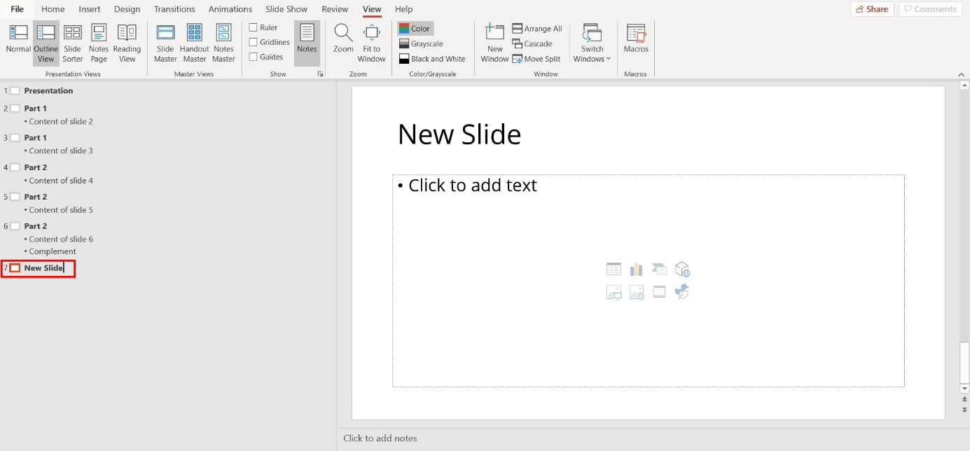 Outline view in PowerPoint: add a new slide