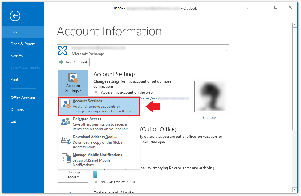 Outlook desktop app: Account information in the File tab