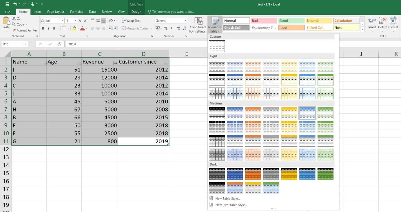 Overview of predefined Excel table styles in Excel 2016
