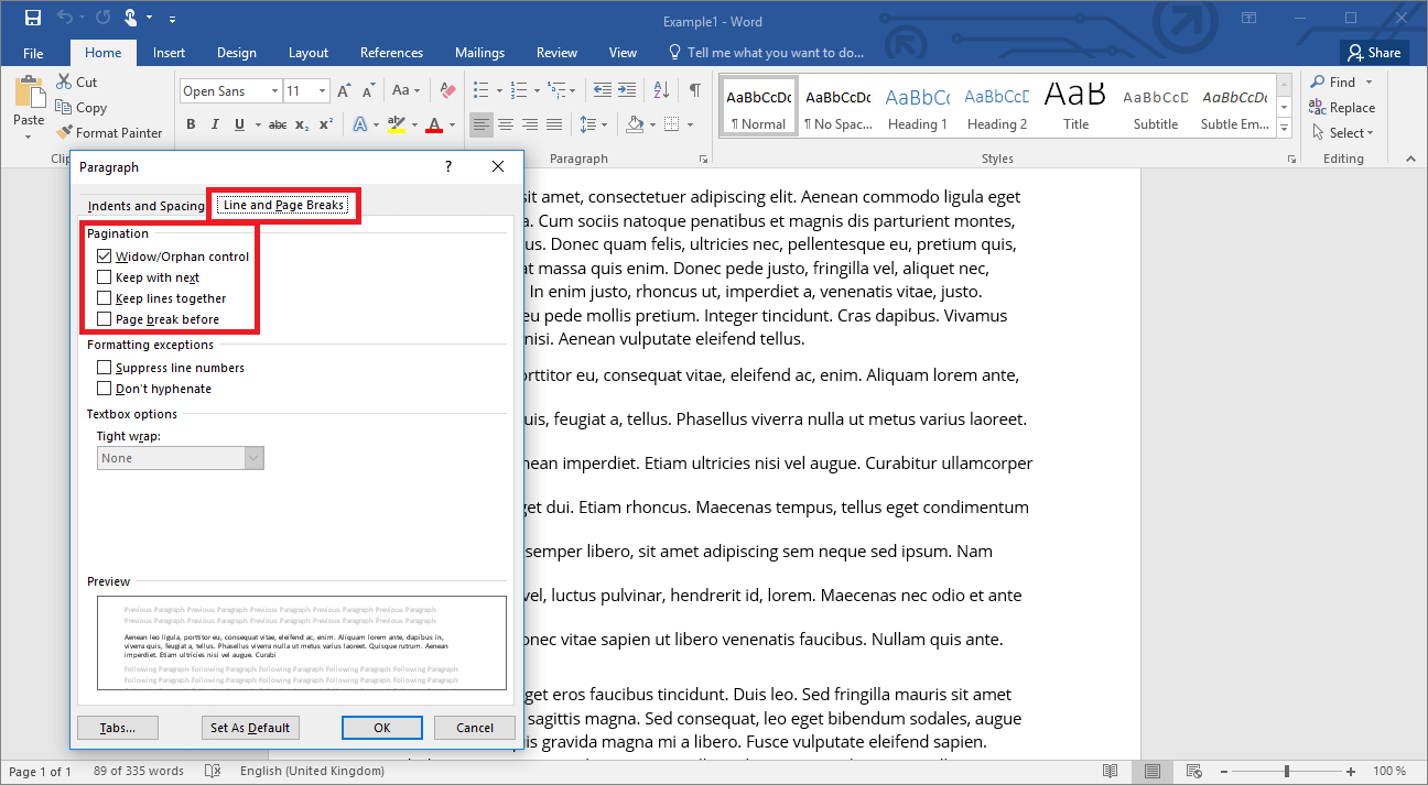 Pagination options in Word