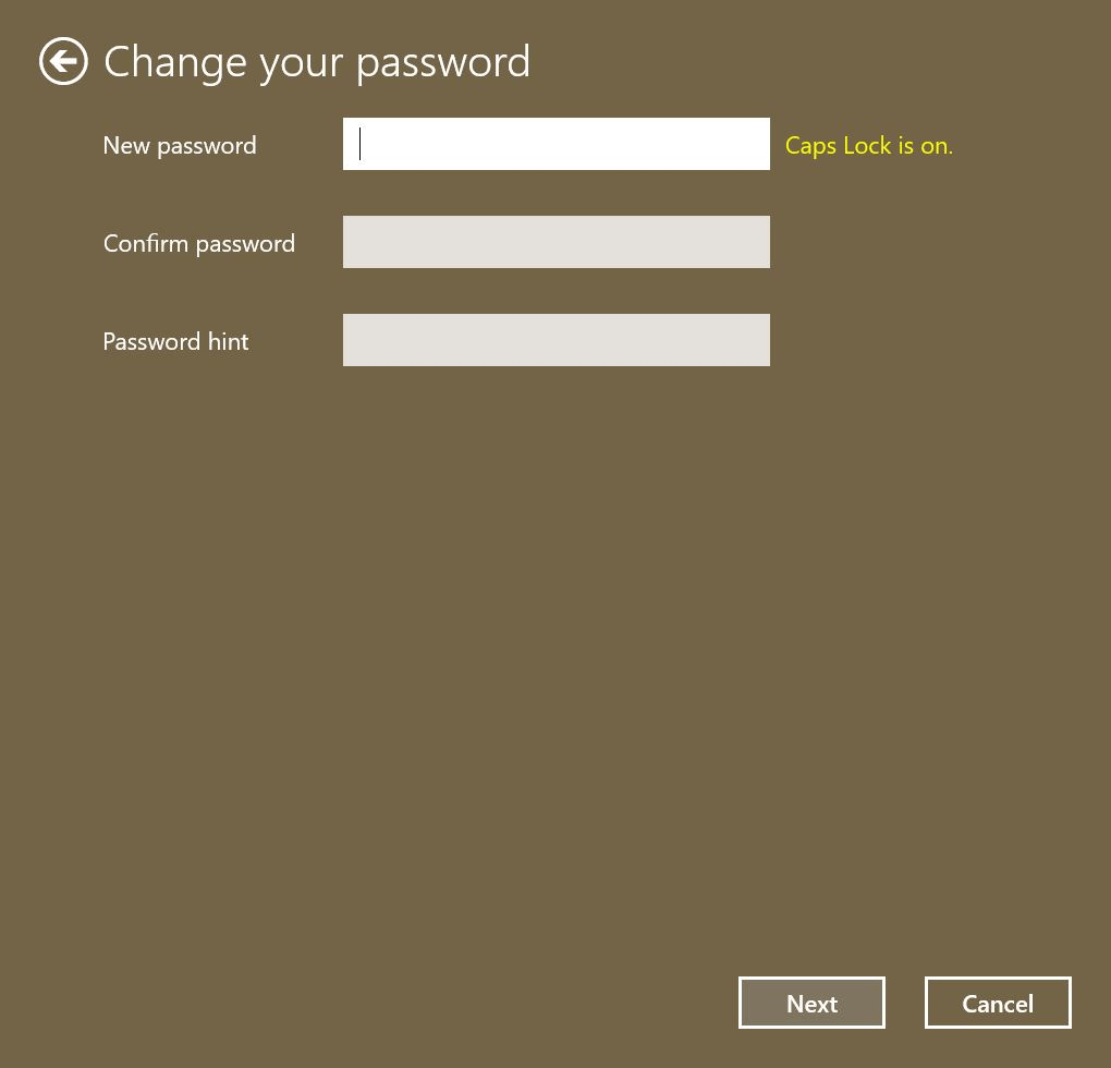 Window for entering new password