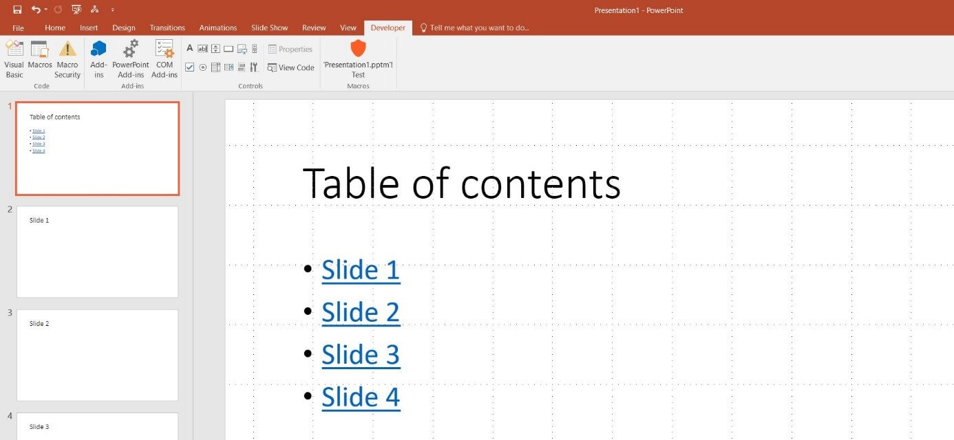 PowerPoint 2016: Example slide with table of contents