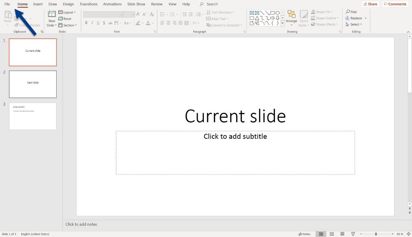 PowerPoint: Click on “File” to access the export option
