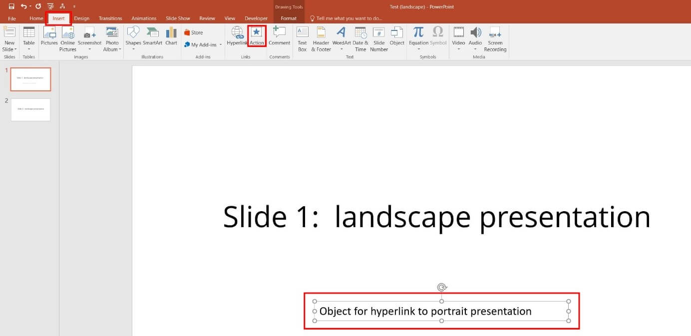 The “Action” button in the PowerPoint “Insert” tab