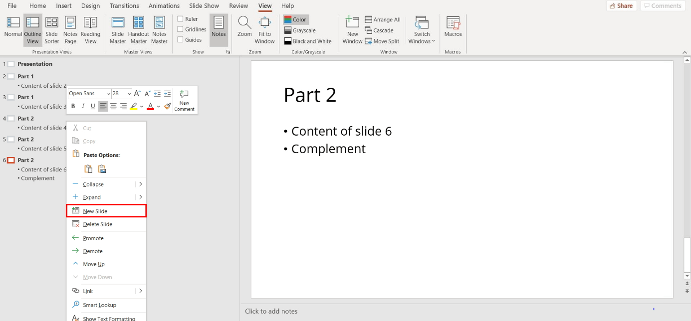 PowerPoint outline view: add a new slide