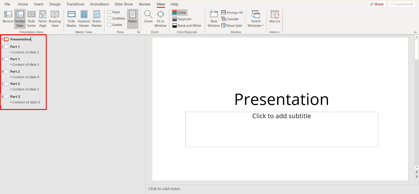 PowerPoint outline view: elements