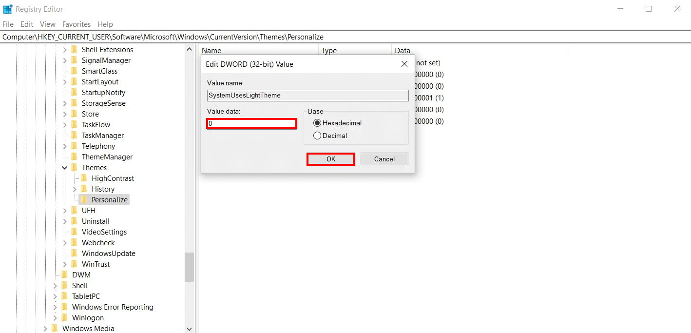 Registry editor: Activating Windows 10 dark mode