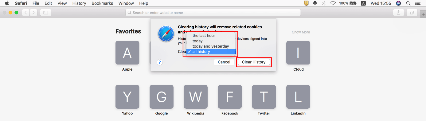 Safari browser: “Clear History” dialog box in macOS