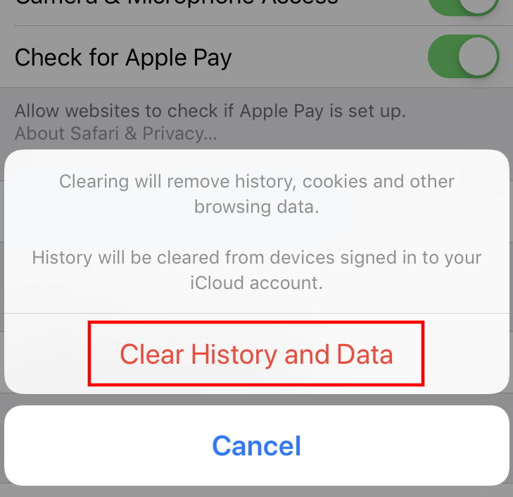 Safari (iOS): “Clear History and Website Data” dialog