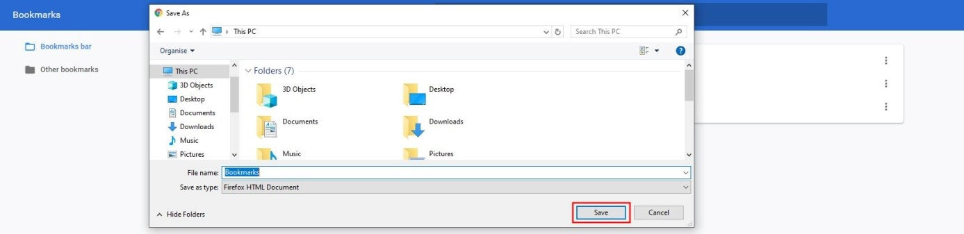 Save Chrome bookmarks: Entering the storage location