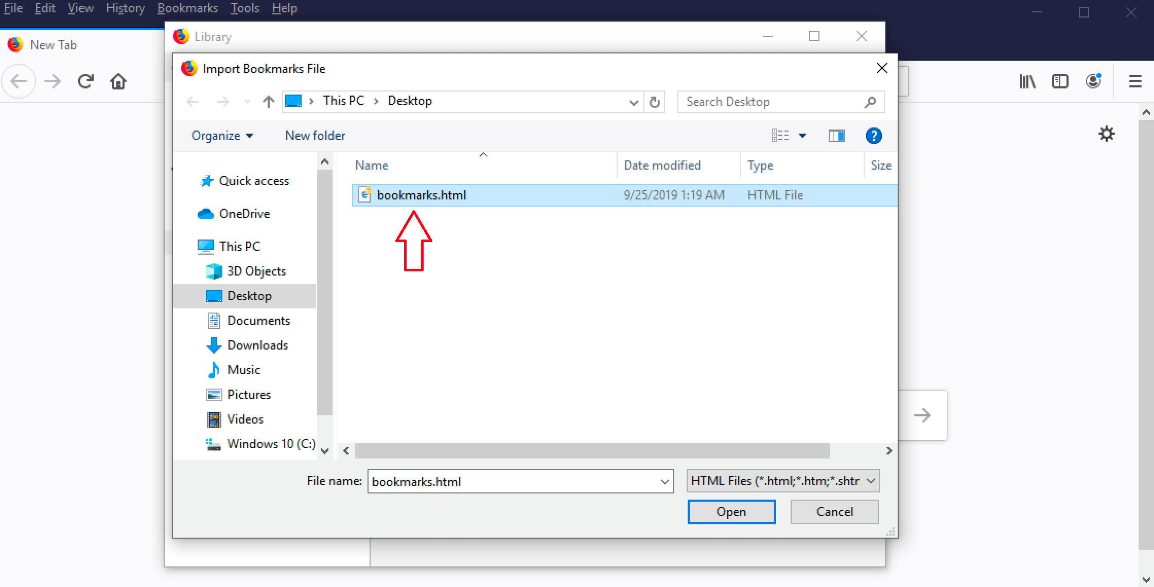 Screenshot: “Import Bookmarks File” and select HTML file