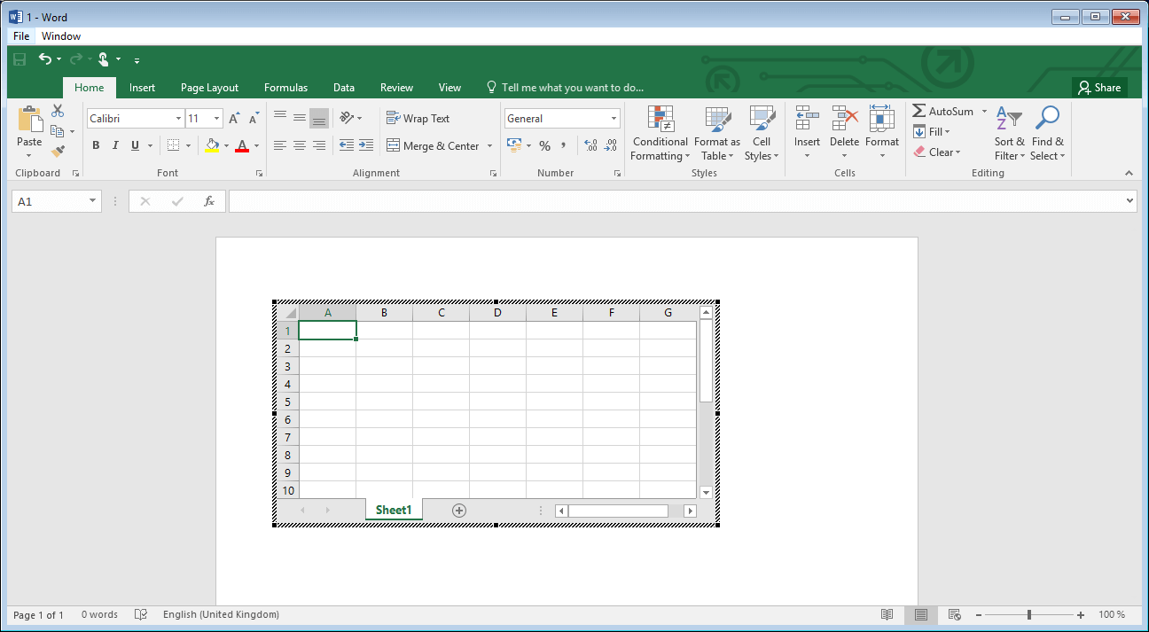 Screenshot of how to create an Excel table in Word