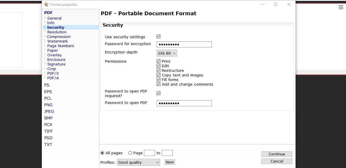 Security settings in PDF24 Creator