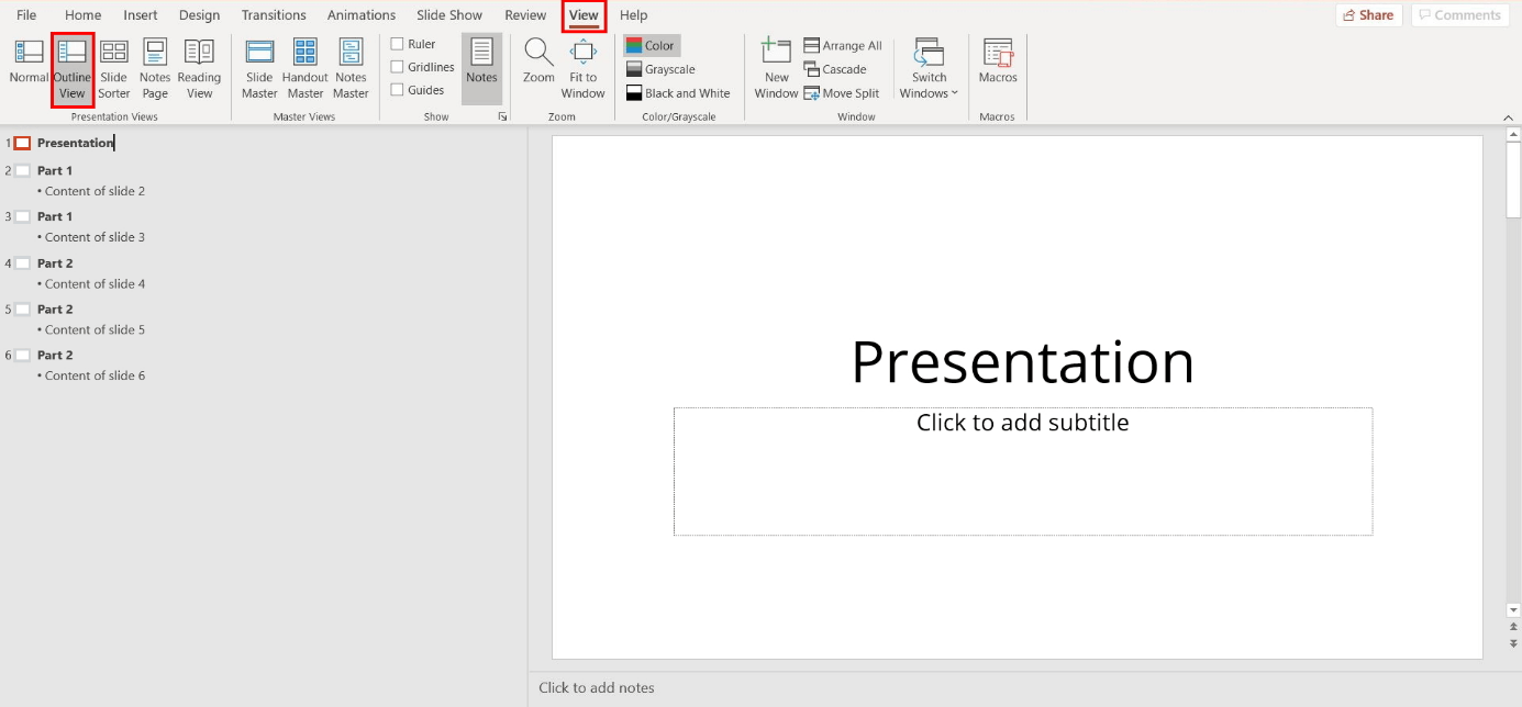 Select “Outline View” in PowerPoint