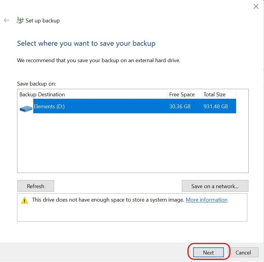 Selecting a location for the Windows 10 backup