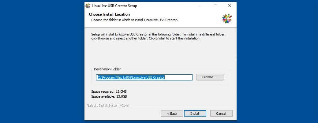 Selection of the installation path for LinuxLive USB Creator