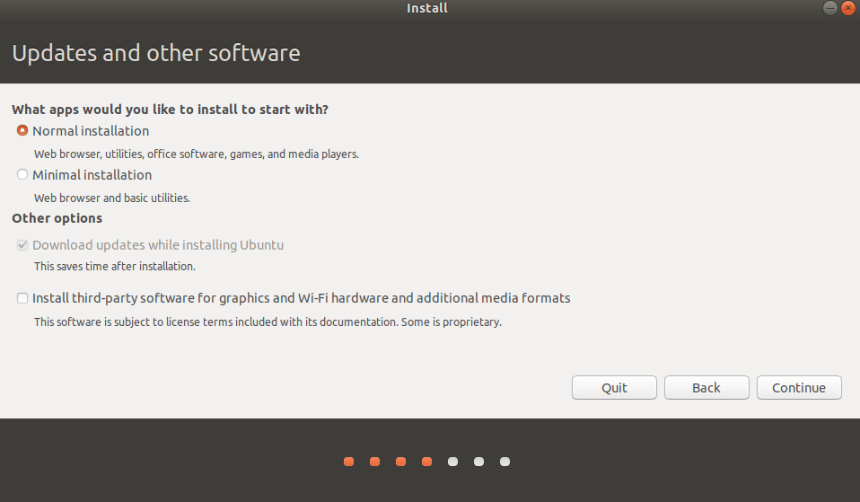 Selection of the installation type during installation of Ubuntu