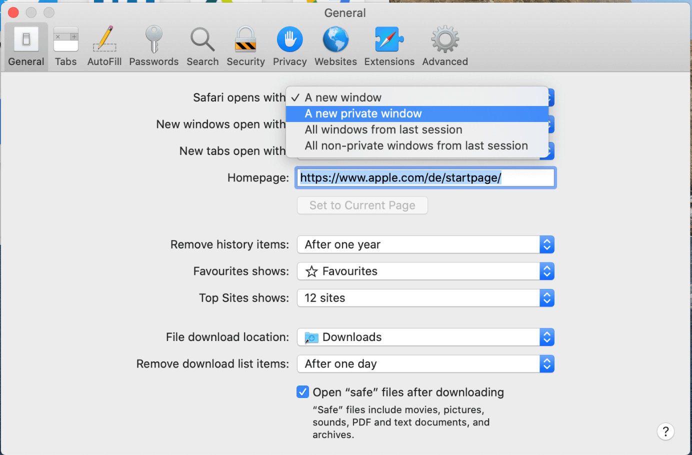 Setting private mode in Safari as the default