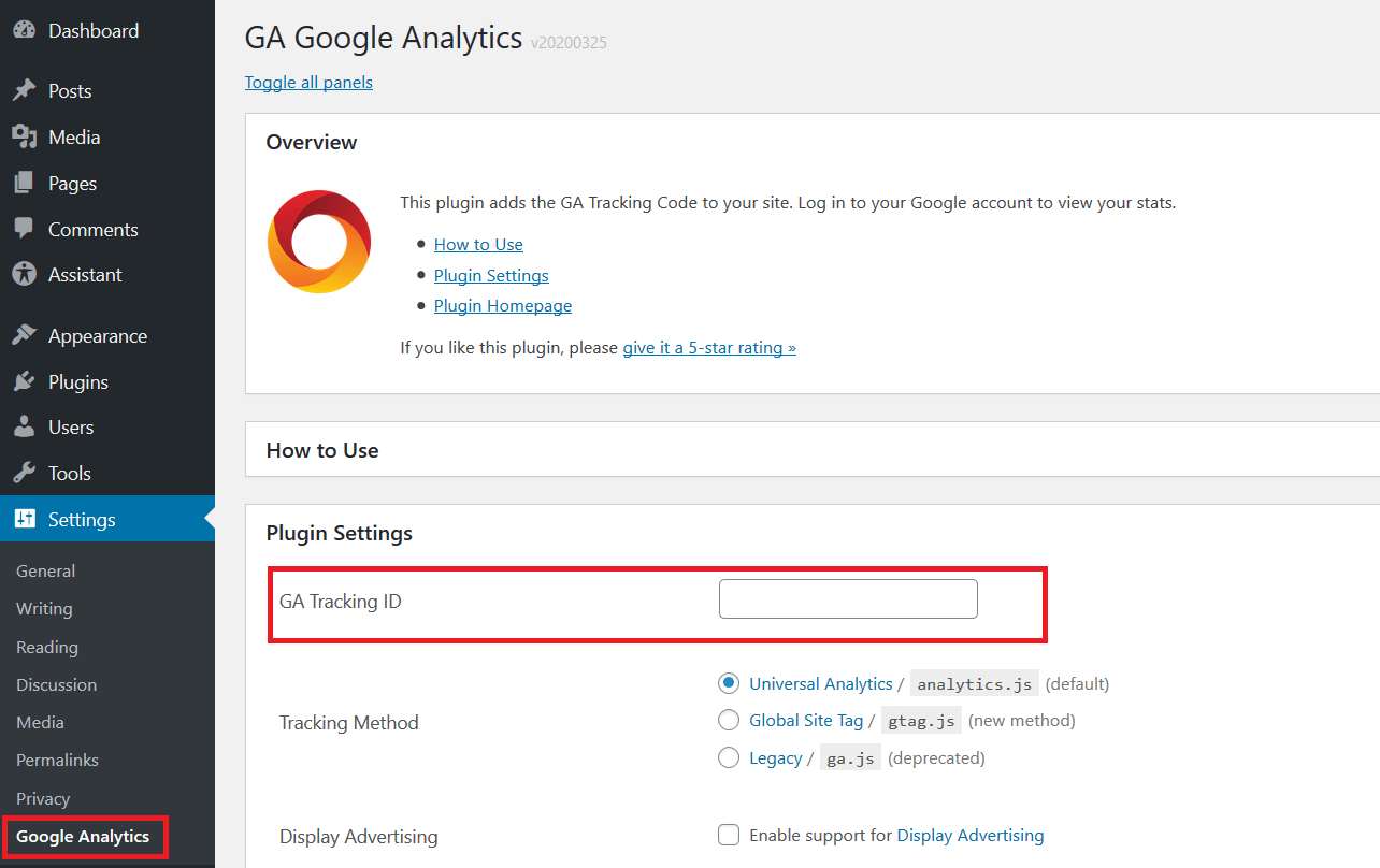Settings for the “GA Google Analytics” plug-in