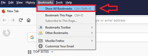 Screenshot: “Show All Bookmarks” in Firefox