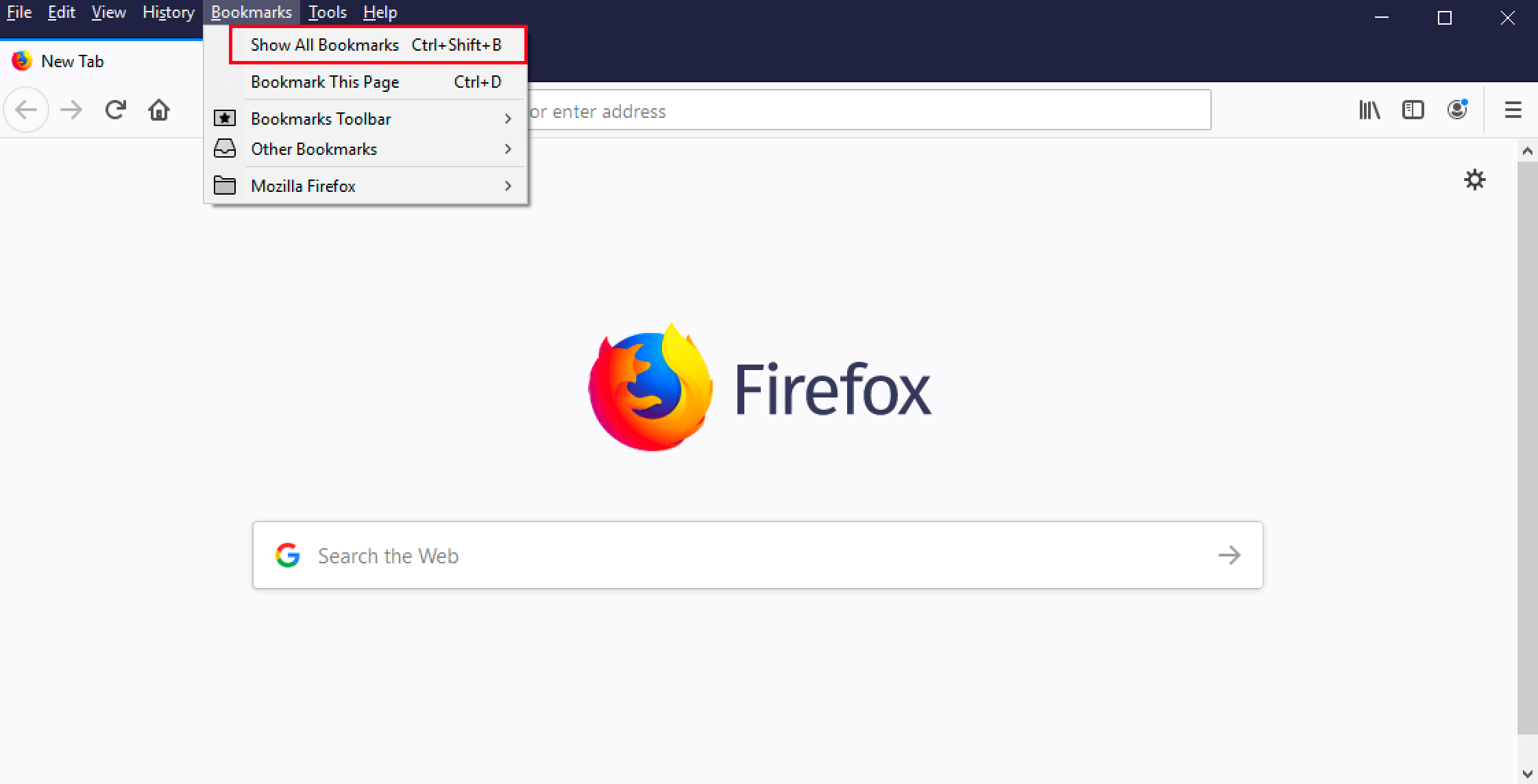 “Show All Bookmarks” menu option in Firefox