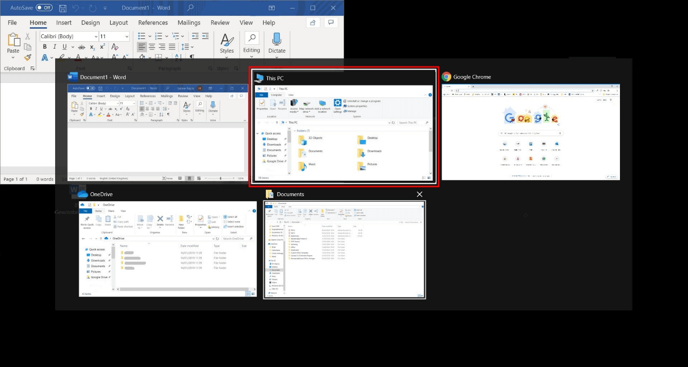 Split screen in Windows 10: miniature view of programs