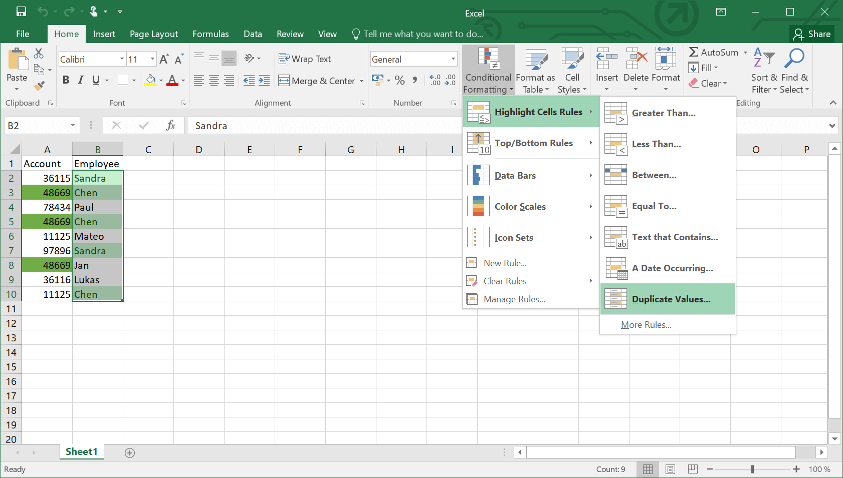 The function menu in Excel for displaying duplicates