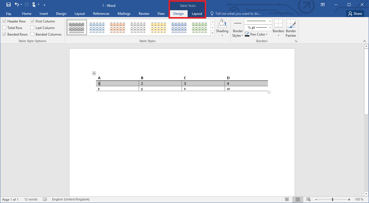 The Table Tools selection in Word